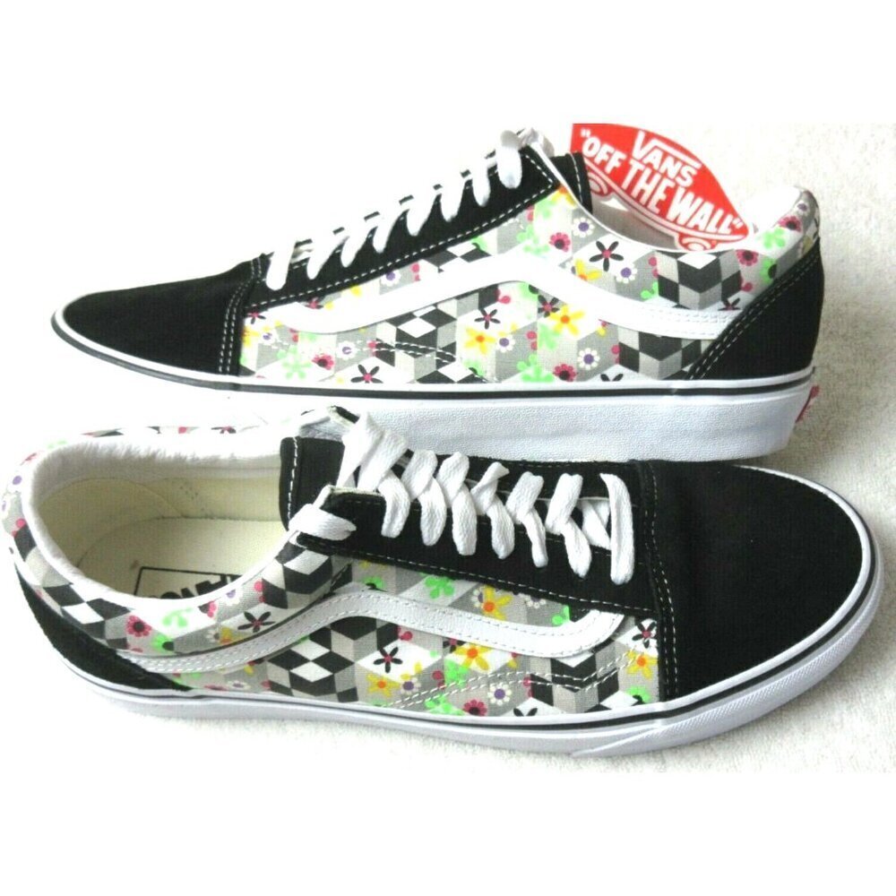 Vans Men's Old Skool Checker Cube Black True White Canvas Suede shoes Size 11